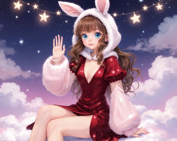 Anime-style girl on clouds under a starry sky