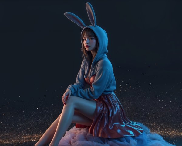 Young woman in hoodie and shimmering skirt against dark background