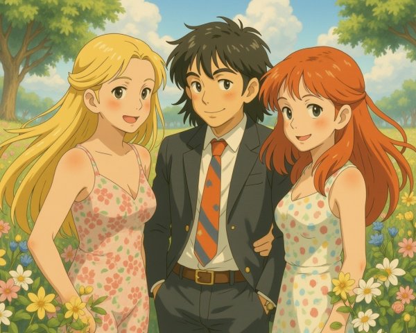 Anime Characters in a Colorful Meadow Scene