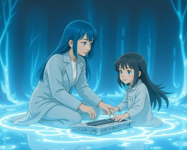 Woman and girl interact with a futuristic device in blue light