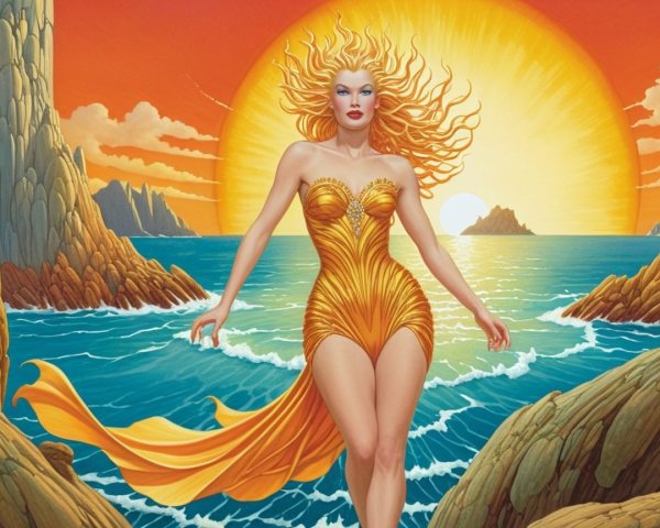 Woman by the ocean at sunset with golden hues