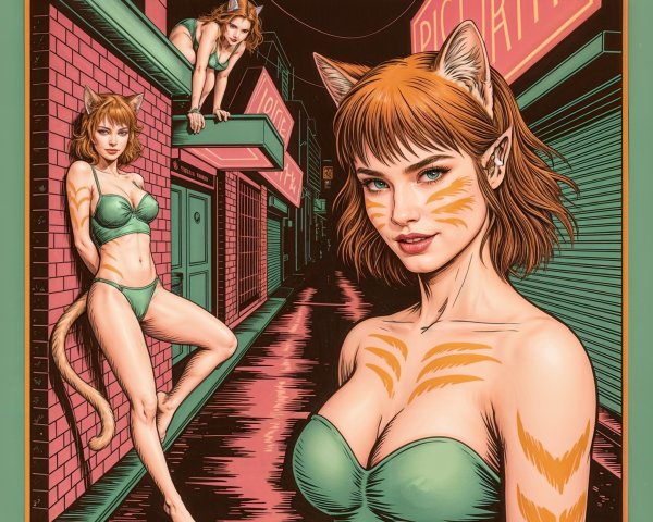 Vibrant Comic-Style Scene in Neon Alley with Felines