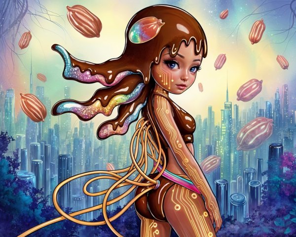 Whimsical Candy Character in Futuristic Cityscape