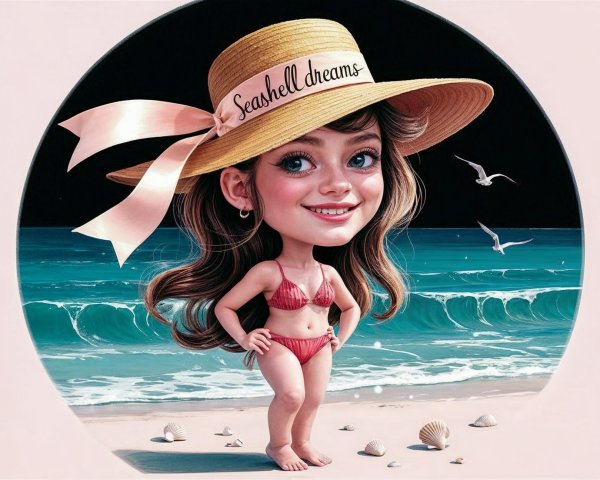 Whimsical Caricature of Girl at the Beach