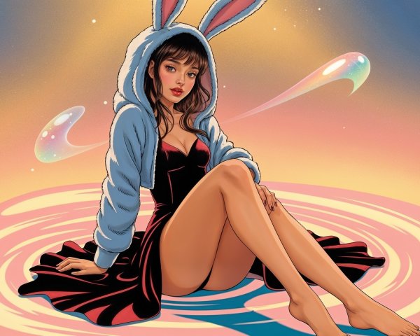 Whimsical Character in Black Dress and Bunny Hoodie