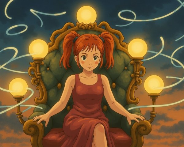Girl in Red Dress on Green Throne with Glowing Orbs