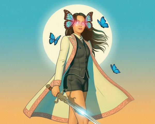 Young woman with butterfly wings and sword by moon