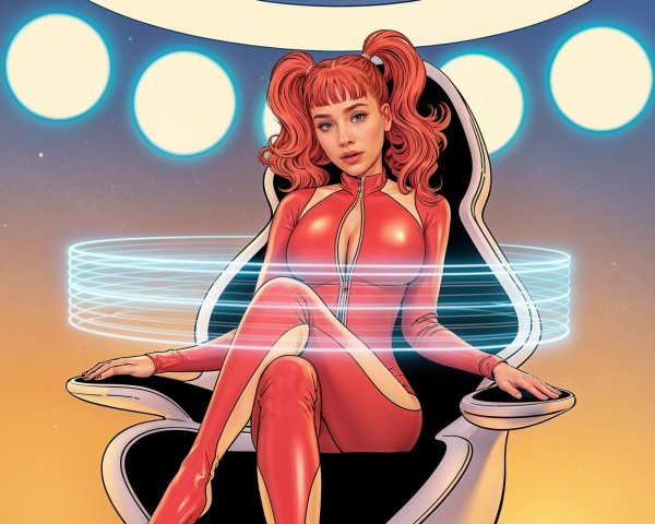 Futuristic Woman in Red Suit with Glowing Orbs