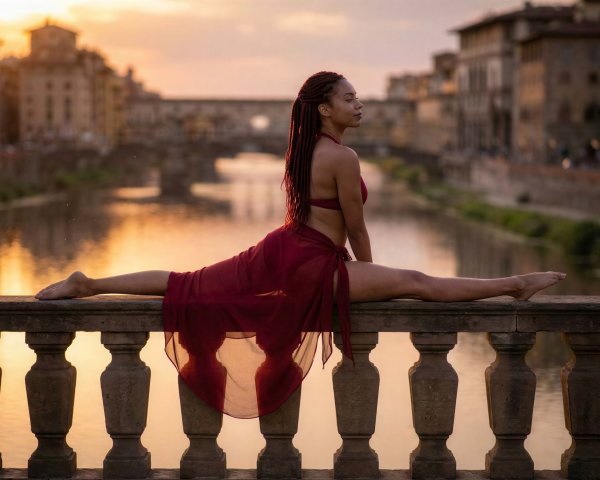 Woman in Dark Red Outfit Balancing on Bridge Railing