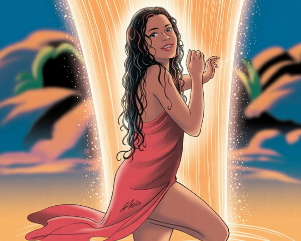Woman in flowing red dress by a glowing waterfall