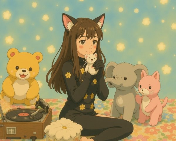 Cheerful Scene of Girl with Cat Ears and Plush Toys