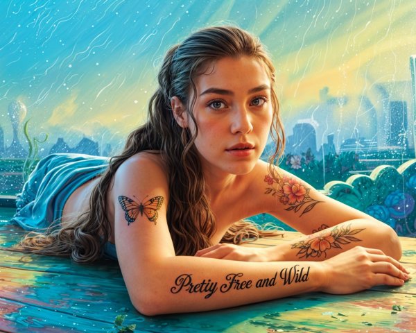 Young Woman with Tattoos in Dreamy Nature Setting