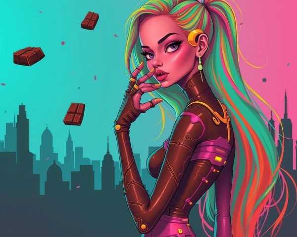 Futuristic cyberpunk character in vibrant city skyline