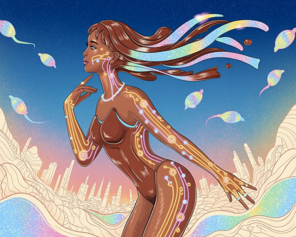 Futuristic Female Figure in Dreamlike Landscape