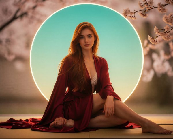 Young Woman in Kimono on Japanese Mat with Backdrop