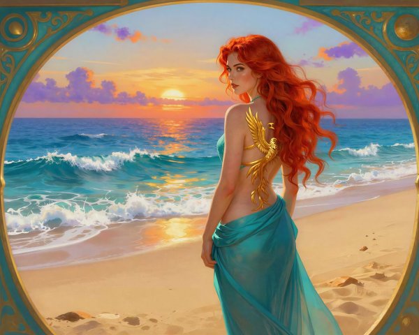Vibrant digital art of a redhead woman at sunset