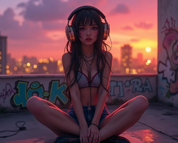 Young woman on rooftop at sunset with headphones