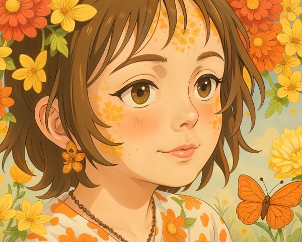 Young girl with flowers and vibrant blooms illustration