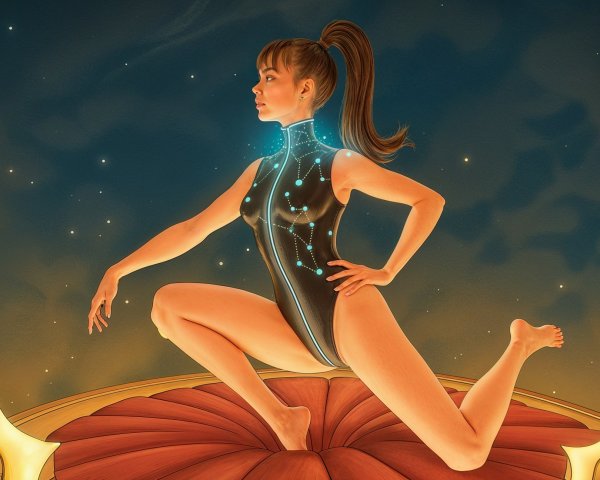 Futuristic figure on flower with glowing bodysuit design