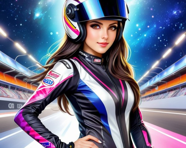 Confident Female Racer in Vibrant Racing Suit