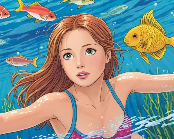 Underwater Scene of Girl Swimming with Colorful Fish