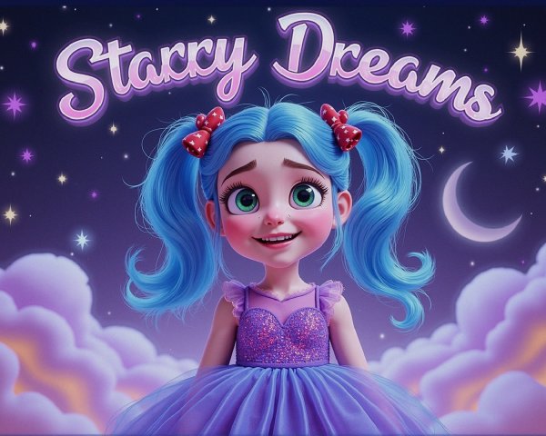 Whimsical Character with Blue Hair in Starry Night