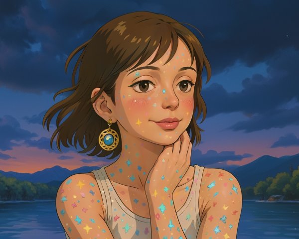 Young woman with glitter by a tranquil twilight lake