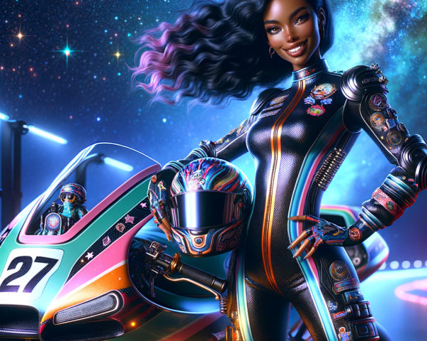 Female Racer with Futuristic Go-Kart in Cosmic Setting