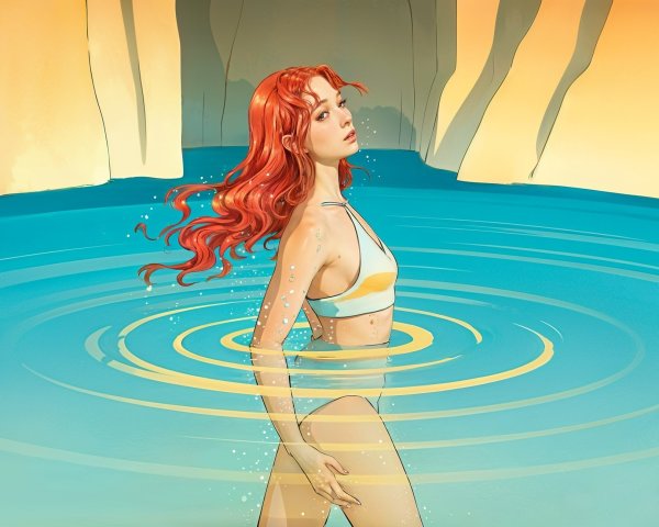 Girl with Red Hair in Blue Pool Surrounded by Cliffs