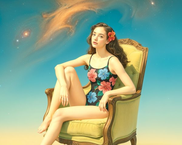 Young woman in vintage chair with galaxy backdrop