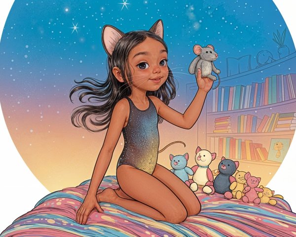 Young girl with cat ears on colorful bedspread