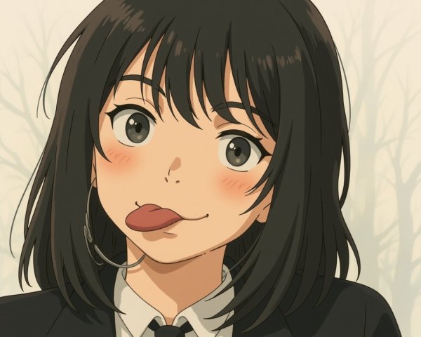 Playful Anime Character in Formal Outfit in Forest