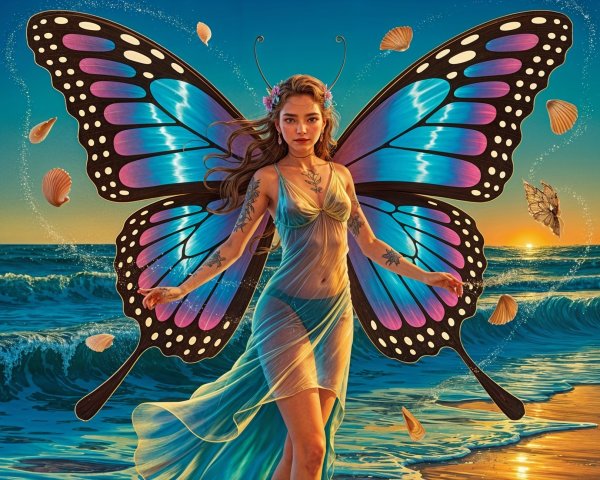 Woman by Ocean at Sunset with Butterfly Wings