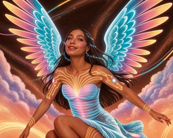 Luminous Figure with Neon Wings in Cosmic Setting