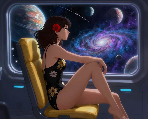 Anime girl in black swimsuit in futuristic spaceship