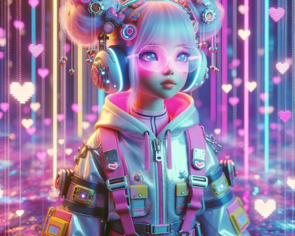 Futuristic anime character with pastel hair and accessories