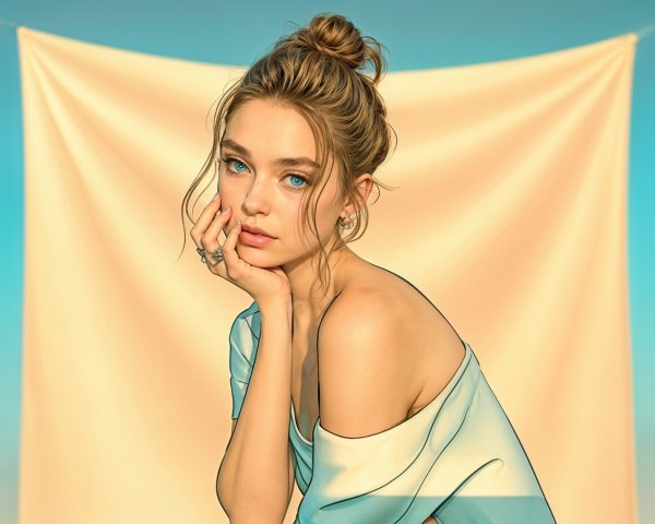 Thoughtful young woman in light blue dress and bun