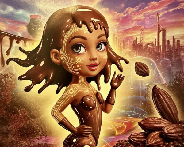 Whimsical Character in Chocolate-Themed Sunset Scene