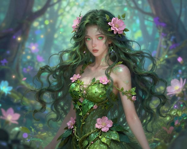 Dryad-like Woman in Ethereal Forest Setting