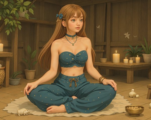 Cozy Room with Young Woman in Teal Outfit and Plants