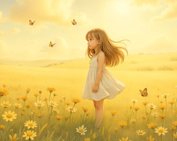 Young girl in a golden field with butterflies and flowers