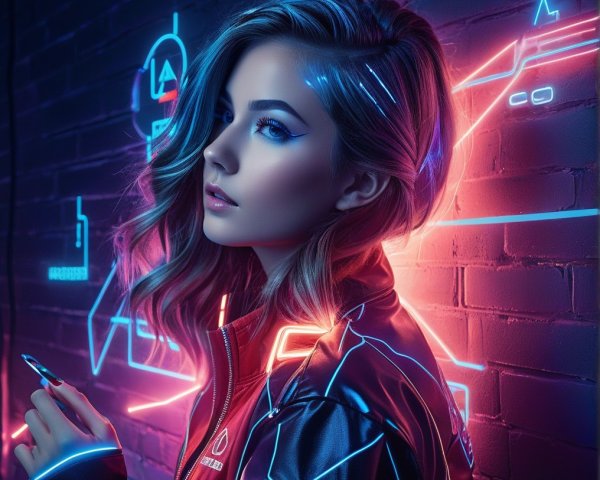 Young woman in neon-lit futuristic fashion against brick wall