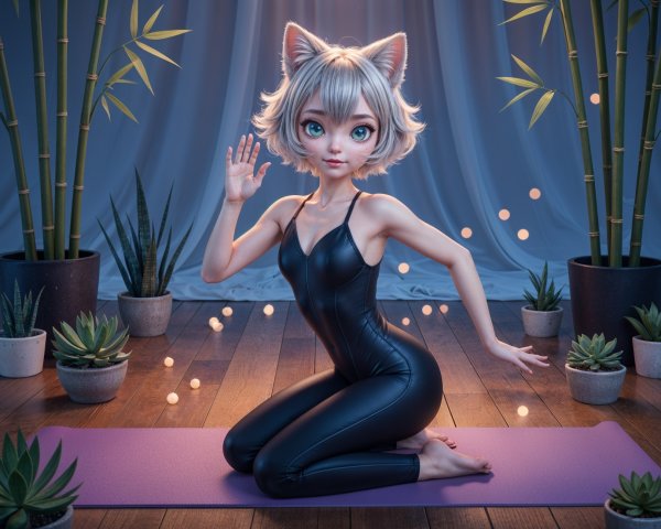 Stylized Character in Yoga Pose on Purple Mat