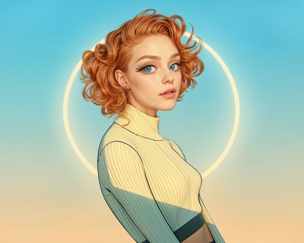 Stylized portrait of a woman with orange hair and blue eyes