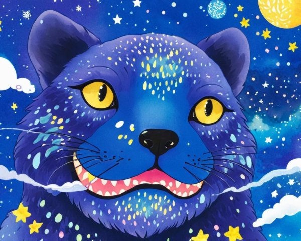 Whimsical Blue Cat Creature in Cosmic Night Sky