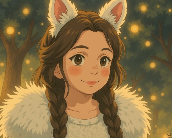 Young girl in fluffy coat and cat ears in forest