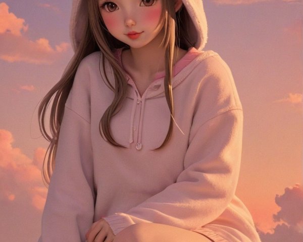 Young girl in pink hoodie against pastel sky