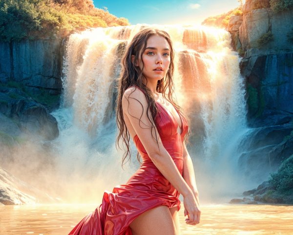 Young Woman in Red Dress by Golden Waterfall