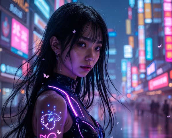 Young woman in neon-lit futuristic cityscape