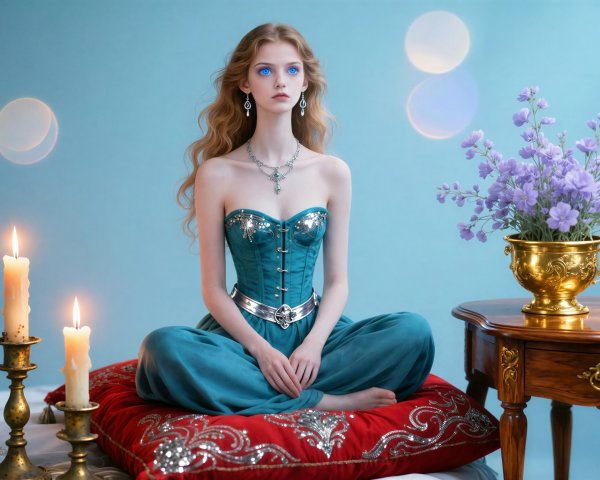 Young woman with pale skin and glowing blue eyes seated